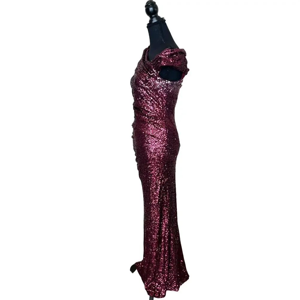 Badgley Mischka Bordeaux Red Sequin Gown Size 22 Off Shoulder Formal Luxury $695 - Picture 11 of 14